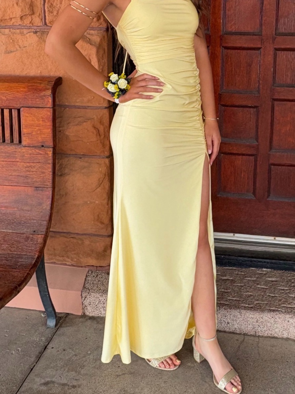 Elegant Lemon Yellow Ruched Side-Slit Evening Dress